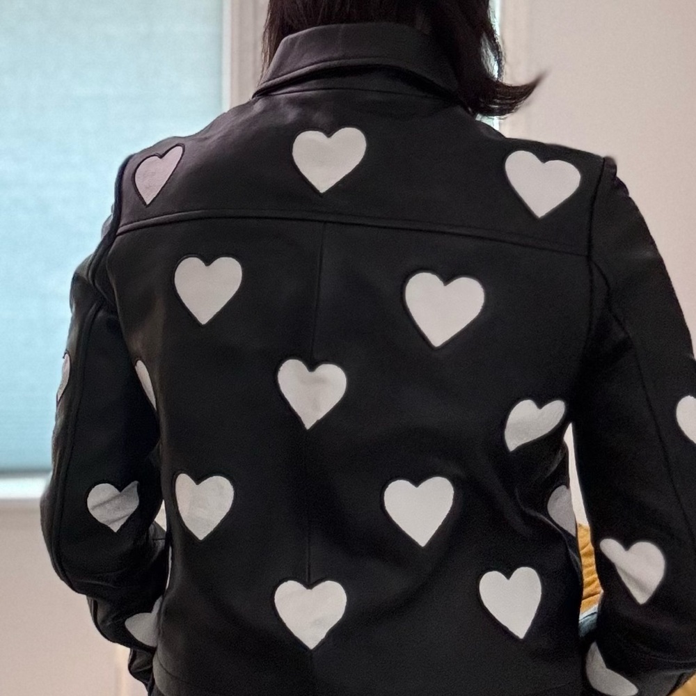 Maje Black Leather Jacket with White Heart Accents - Picture 3 of 6